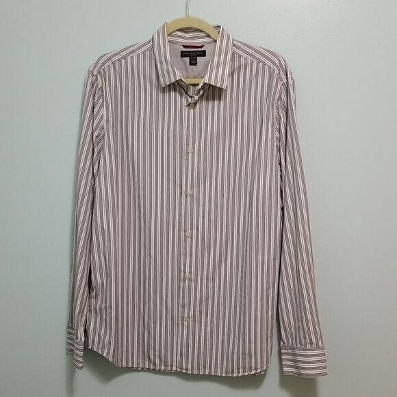 Banana Republic,  slim fit grey/red/white button down.  Size L ( 16-16.5). - Picture 1 of 4